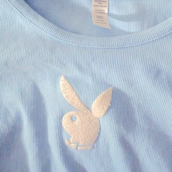 PLAYBOY Baby Blue Bunny Graphic Babydoll Crop Top T-Shirt fits XS and S - Picture 3 of 6